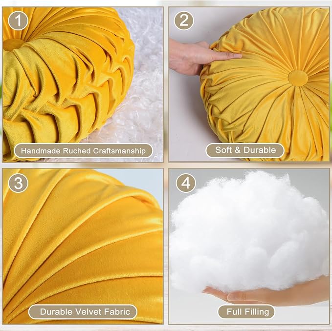 HIG Set of 2 Yellow Ruched Velvet Round Throw Pillows – 14.5’’ Decorative - Image 3