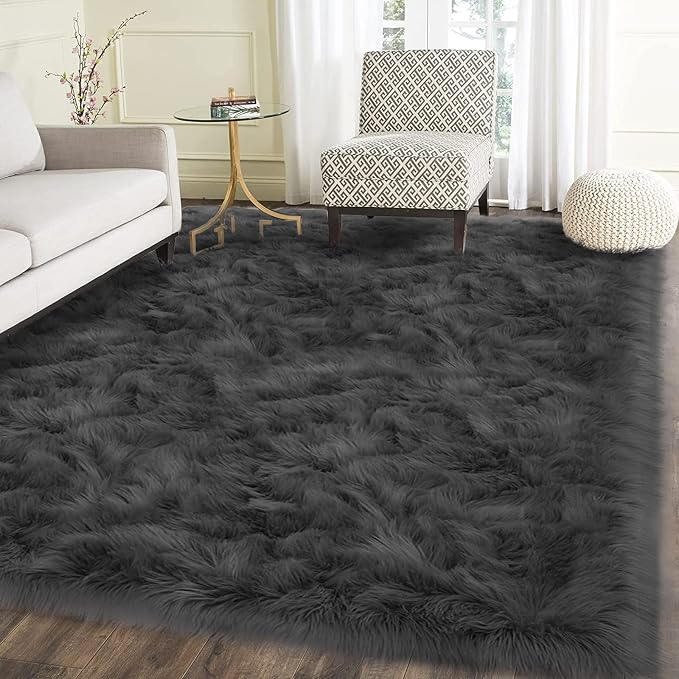 Latepis Living Room Rugs 6x9 Faux Sheepskin Fur Dark Grey Rug - Image 2