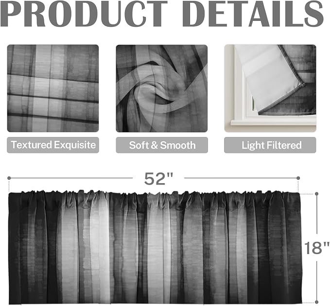 Emvency 2 Pack Dark Grey Valances Window Treatments, 52x18 Inch Rod Pocket - Image 3