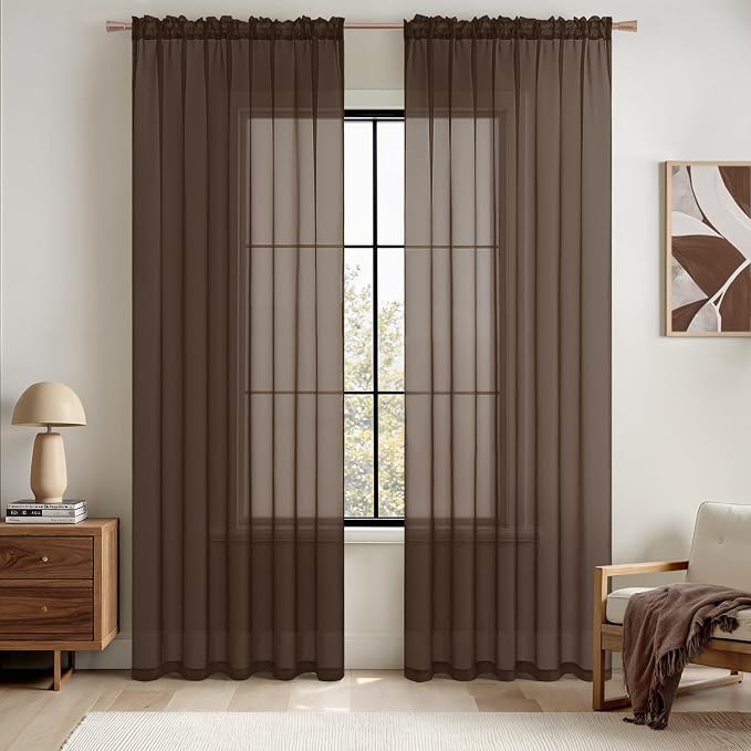 MIULEE Chocolate Brown Sheer Curtains 84 Inches Long 2 Panels, Light Filtering by MIULEE