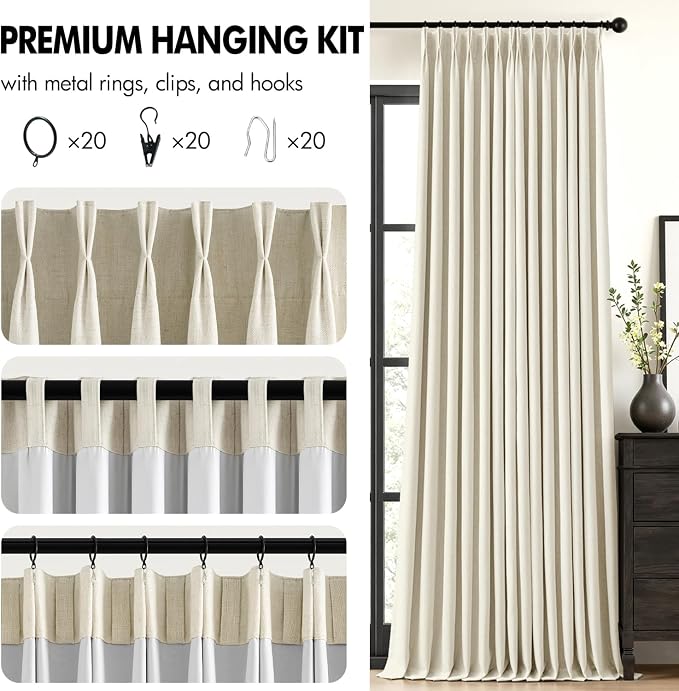 MIULEE Cream Pinch Pleated 100% Blackout Linen Curtains 40x84 Inches | Room - Image 8