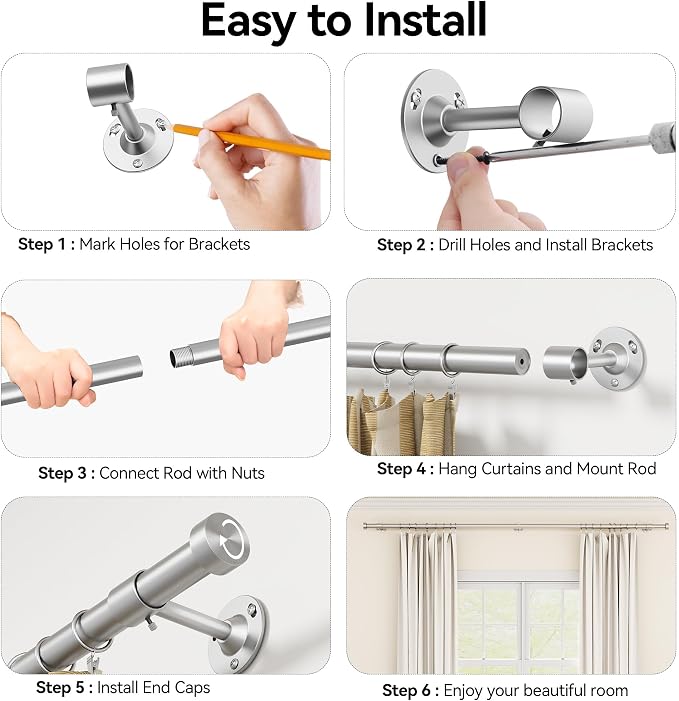 YaFex Heavy Duty Curtain Rods 32-120 Inch, 1 Inch Adjustable Silver Curtain Rod - Image 8