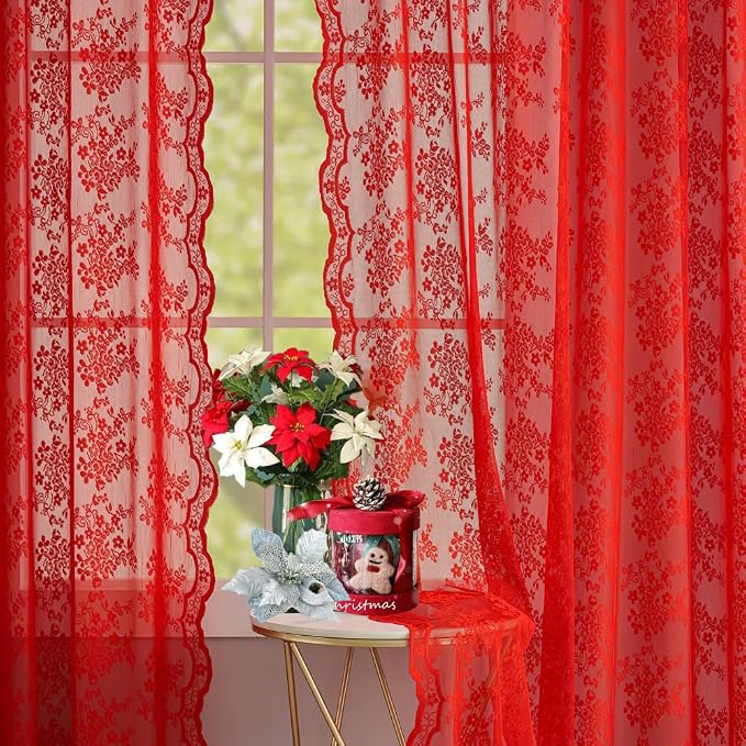 YJ YANJUN Vintage Lace Curtains 63 Inch Length 2 Panels Set Christmas Red Sheer - Image 6