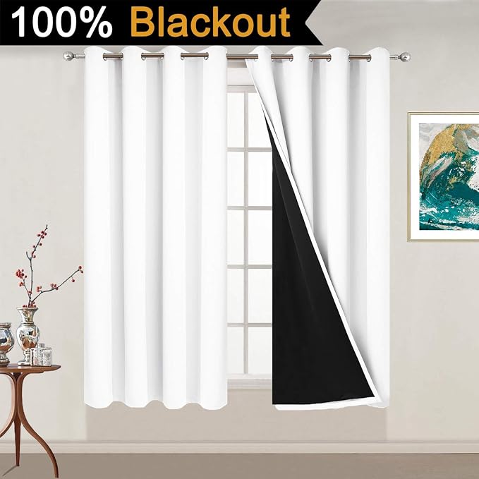 Yakamok Pure White 100% Blackout Curtains Energy Saving Thermal Insulated 2 - Image 2