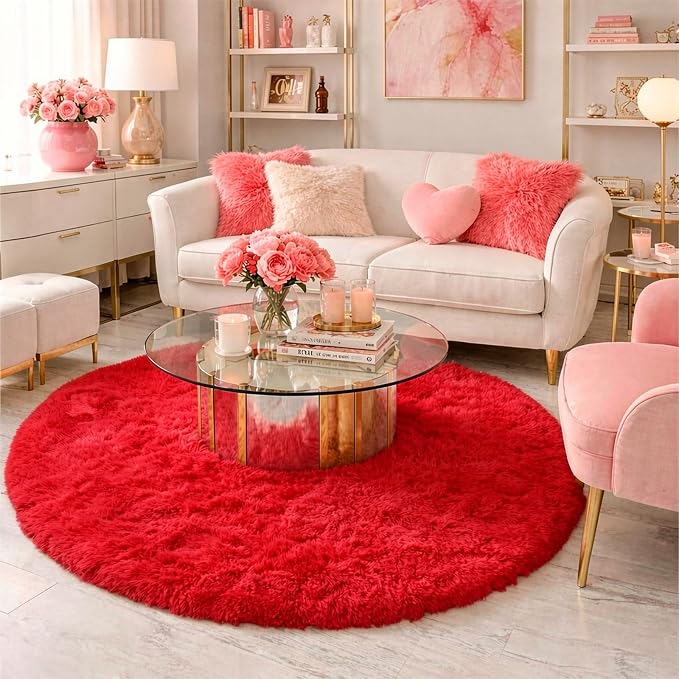 Red Round Circle Rug 6Ft for Bedroom, Large Fluffy Shag Area Rugs for Kids Room - Image 3