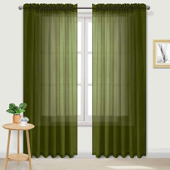 DWCN Olive Green Sheer Curtains Semi Transparent Voile Rod Pocket Curtains - Image 2