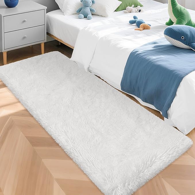 Runner Rug for Bedroom White 2x5ft Fluffy Area Rug Bedside Runner Rug for Kids by JiaoBaba