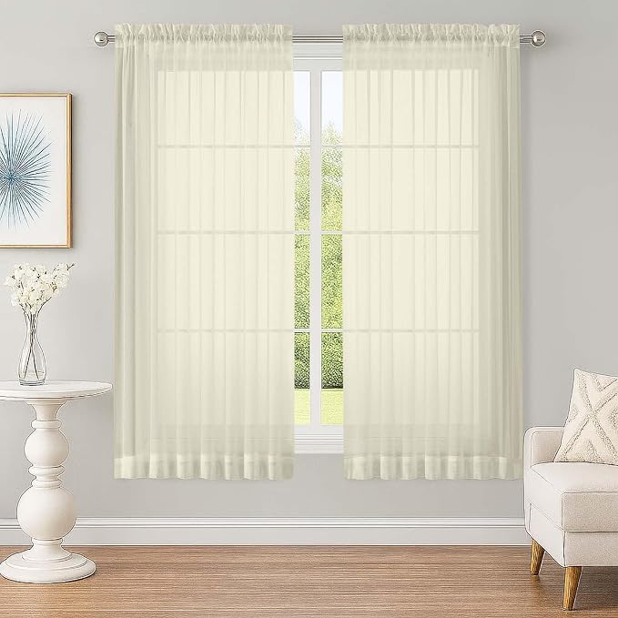 OWENIE Sheer Cream Curtains, Sheer Curtains 63 inch Length 2 Panels Set by OWENIE