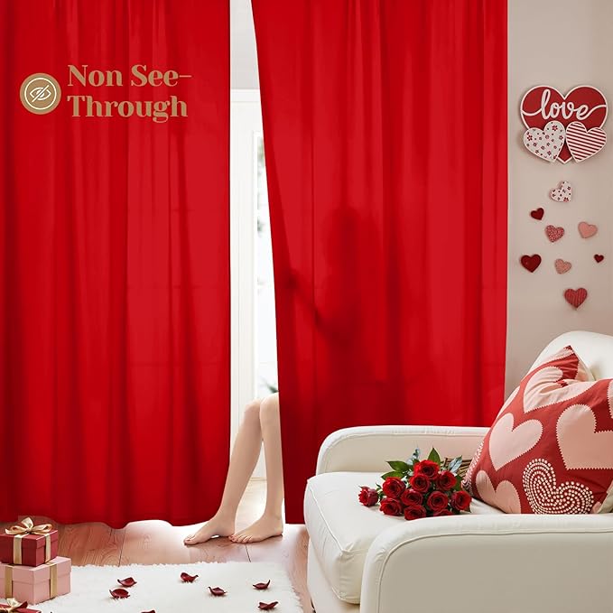 HOMEIDEAS Christmas Non-See-Through Red Privacy Sheer Curtains, 52 X 96 Inches by HOMEIDEAS