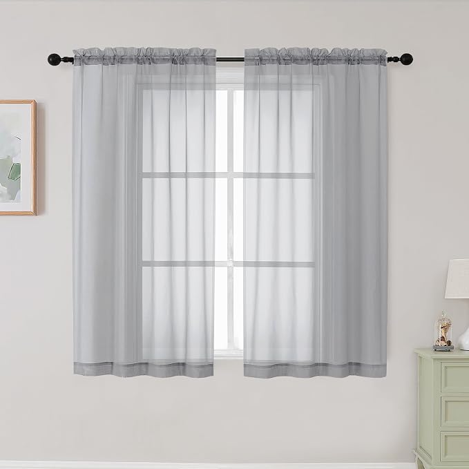Light Grey Sheer Curtains for Bedroom Living Room 45 Inch Length 2 Panels by WelvetBLK