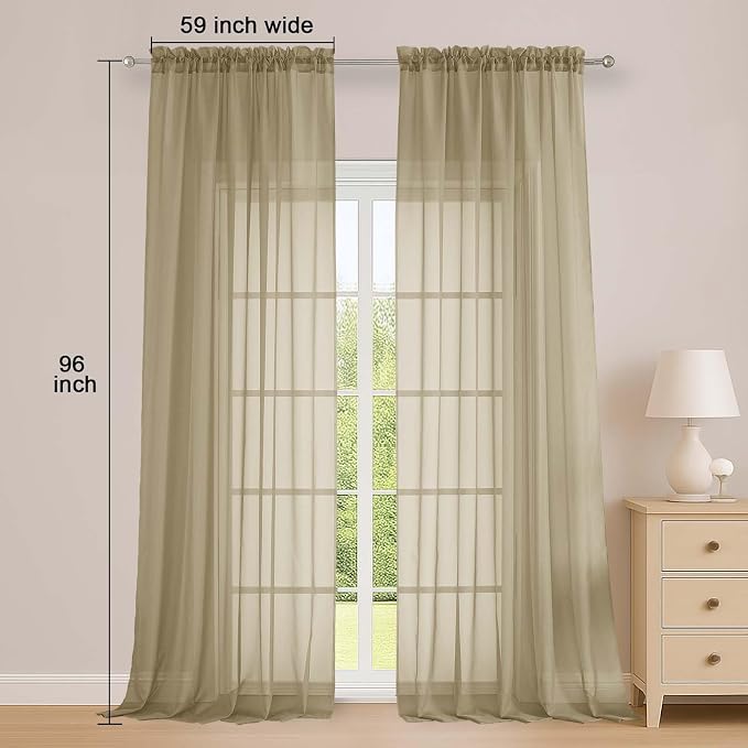 OWENIE Extra Long Taupe Sheer Curtains 96 Inches Long 2 Panels Set, Soft - Image 2