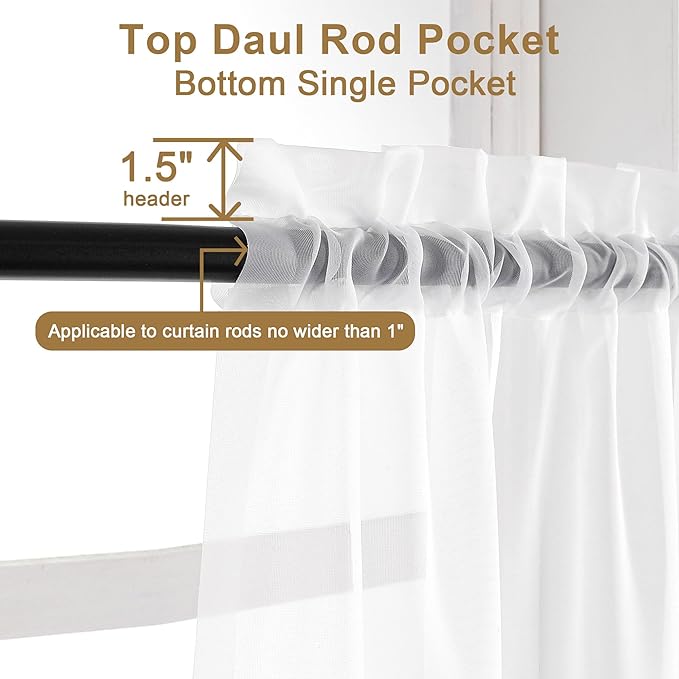 Chyhomenyc Sheer White Curtains 90 inches Long 2 Panels, Light Filtering Soft - Image 2