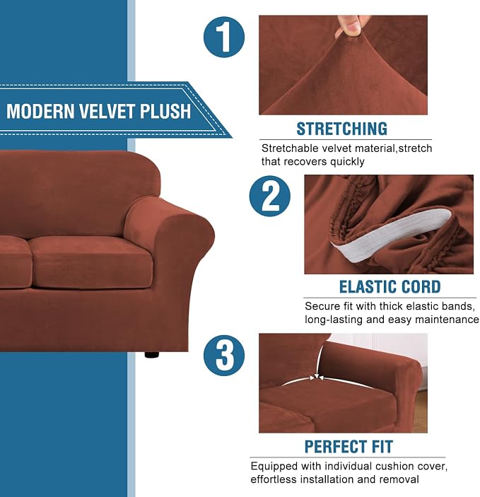 H.VERSAILTEX Modern Velvet Plush 4 Piece High Stretch Sofa Slipcover Sofa Cover - Image 3