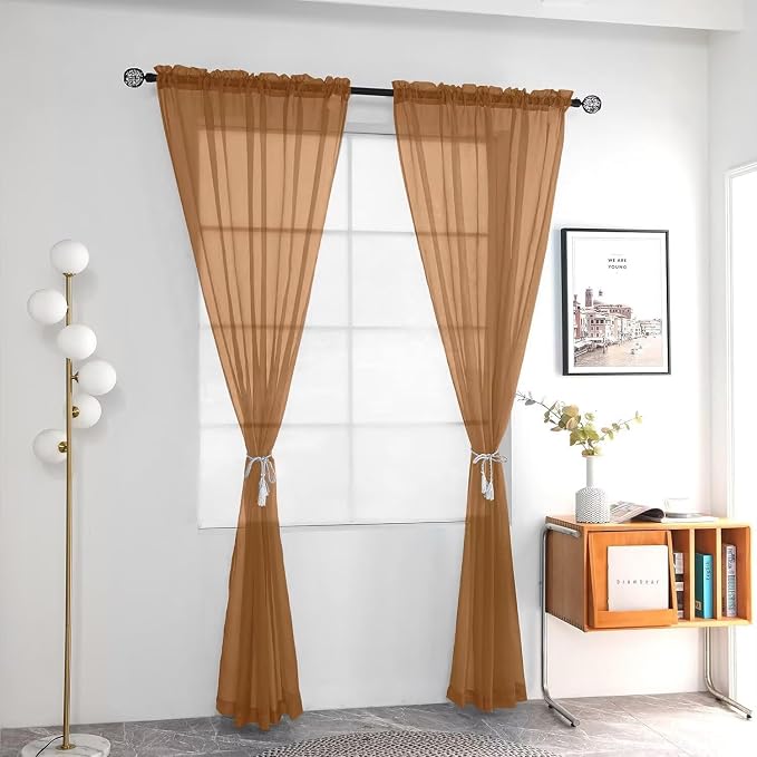 youleyar Solid Sheer Rod Pocket Curtain Voile Draperies 2 Panels White Beige - Image 2