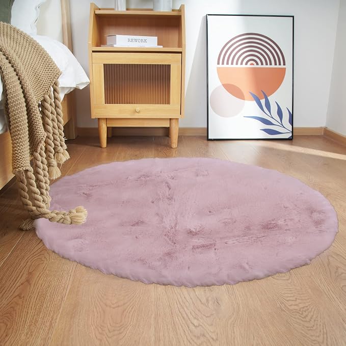 Ghouse Faux Rabbit Fur Round Rug 4ft Pink Round Rugs by Ghouse