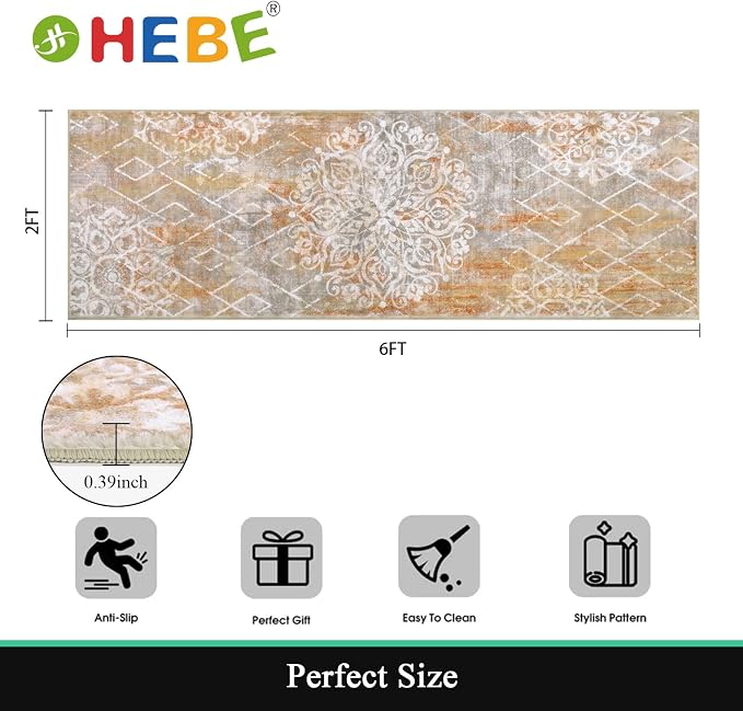 HEBE Hallway Runner Rug 2'x6' Washable Vintage Distressed Area Rugs Non Slip - Image 2