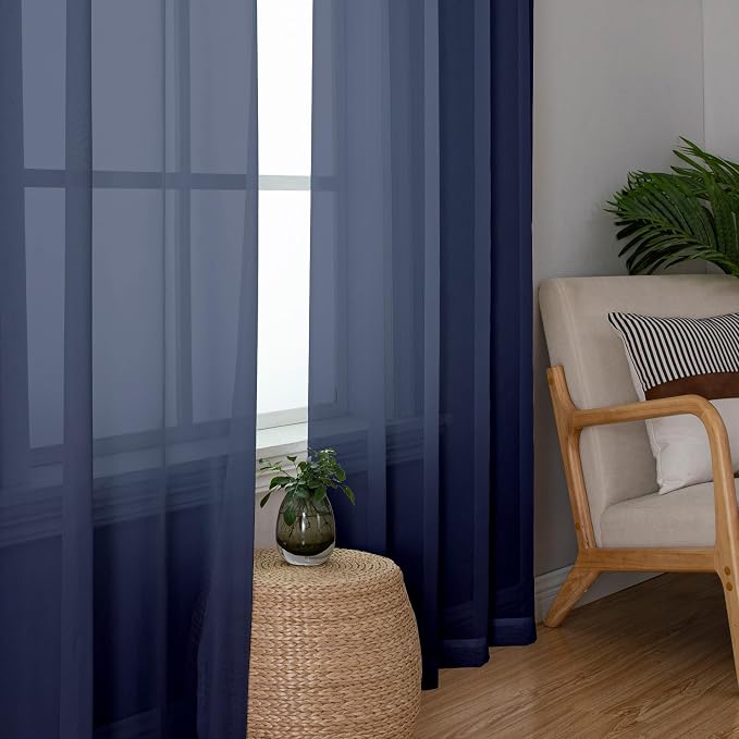 Aiyufeng Navy Blue Sheer Curtains 90 inch Length 2 Panels Set, Airy - Image 2