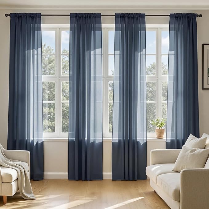 MIULEE Navy Blue Sheer Curtains 90 Inches Long, 4 Panels Set, Light Filtering by MIULEE