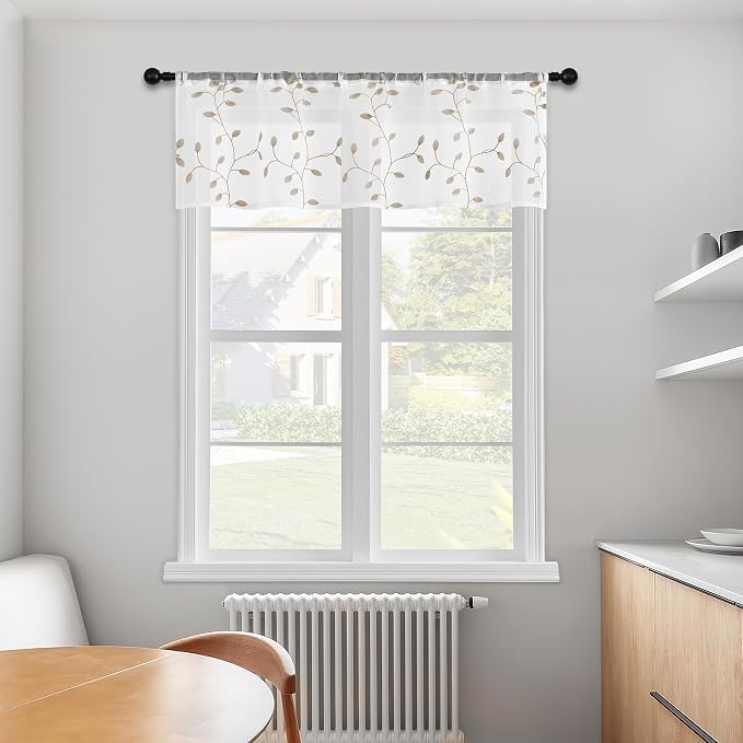 MRTREES Sheer Curtain Valances 2 Panels, Leaves Embroidered Voile Valance - Image 7