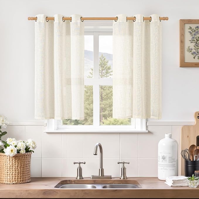 LAMIT 40 Inch Linen Curtains for Kitchen Windows Over Sink, Short Semi Sheer by LAMIT