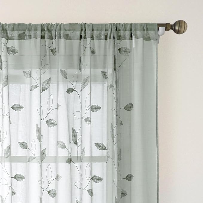 HOMEIDEAS Sage Green Sheer Curtains 52 X 96 Inches Long 2 Panels Embroidered by HOMEIDEAS