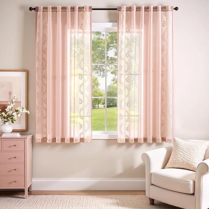 jinchan Belrose Pink Floral Sheer Curtains - Image 2