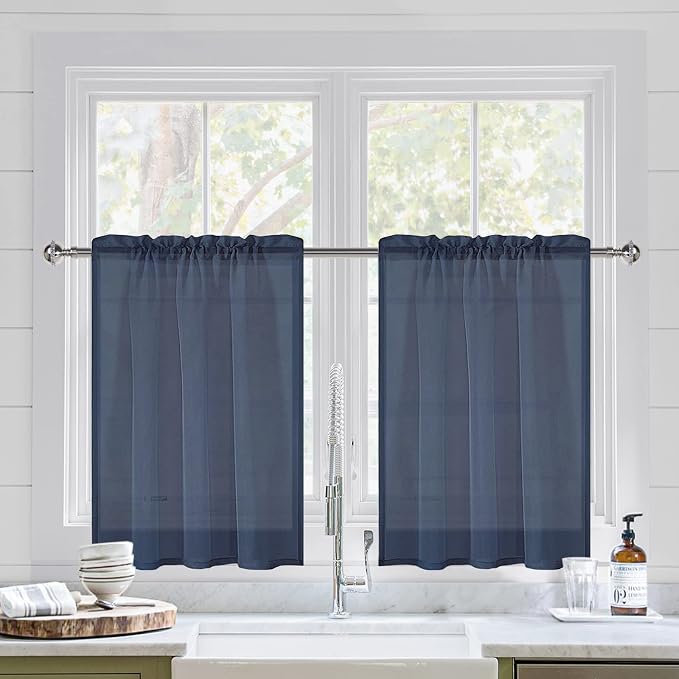 DWCN Navy Blue Sheer Curtains for Kitchen Windows by DWCN