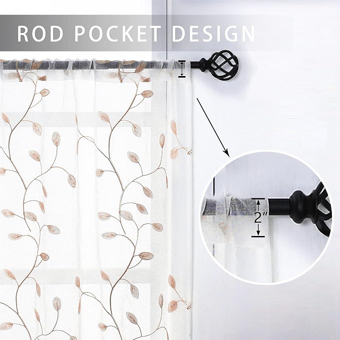 MRTREES Sheer Curtain Valances 2 Panels, Leaves Embroidered Voile Valance - Image 2