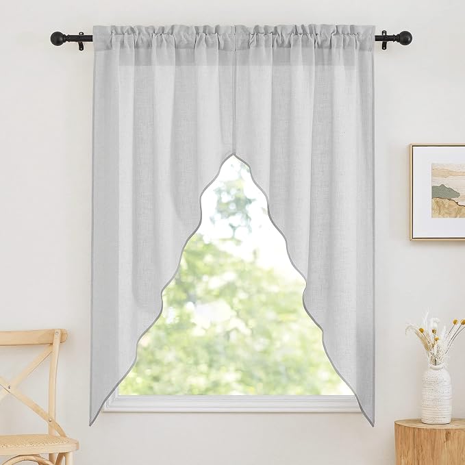 RYB HOME Half Window Swag Curtains, Linen Texture Wave Fabric Semi Sheer Valance by RYBHOME