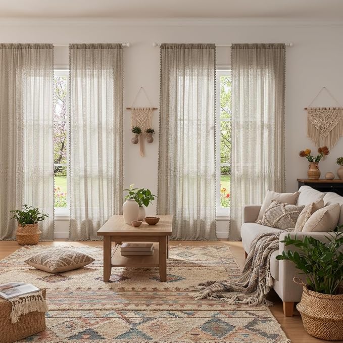 WAZZIO Boho Lace Curtains 84 Inches 2 Panel, Light Filtering Privacy Tassel & - Image 8