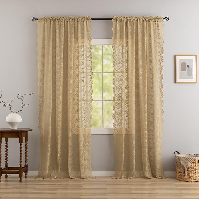 YJ YANJUN Vintage Lace Curtains 96 Inches Long-Victorian Floral Pattern Tan - Image 2