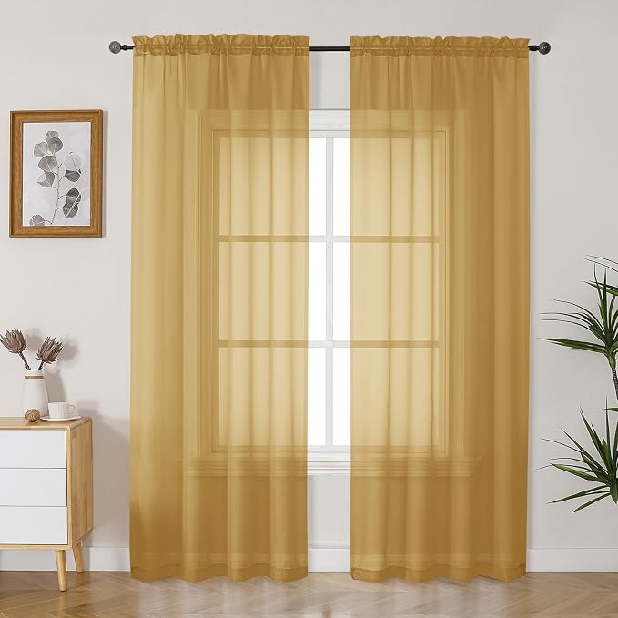 Gwine Gold Sheer Curtains 84 Inches Long 2 Panels Set by Gwine