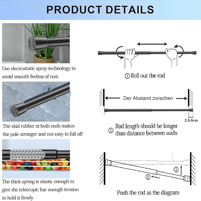 2 Pack Tension Rods Spring Tension Curtain Rod, 26 to 39 Inch Adjustable Black - Image 7