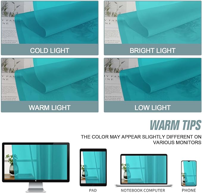 Turquoise Sheer Curtains 90 Inches Long 2 Panels, Light Filtering Solid Sheer - Image 6