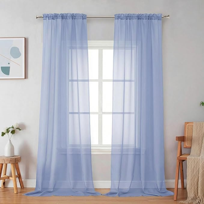 Simplebrand Denim Sheer Curtains 96 Inches Long, Light Filtering Rod Pocket by Simplebrand