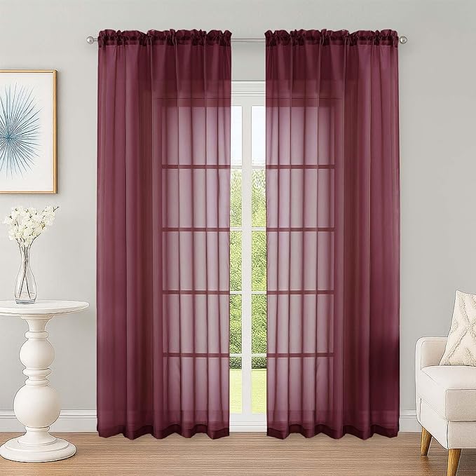 OWENIE Sheer Curtains 84 Inches Long 2 Panels Set, Burgundy Sheer Curtain by OWENIE