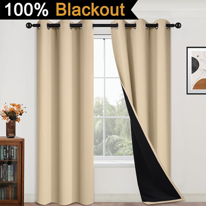 Yakamok Beige 100% Blackout Curtains, Thermal Insulated Total Blackout Drapes - Image 2