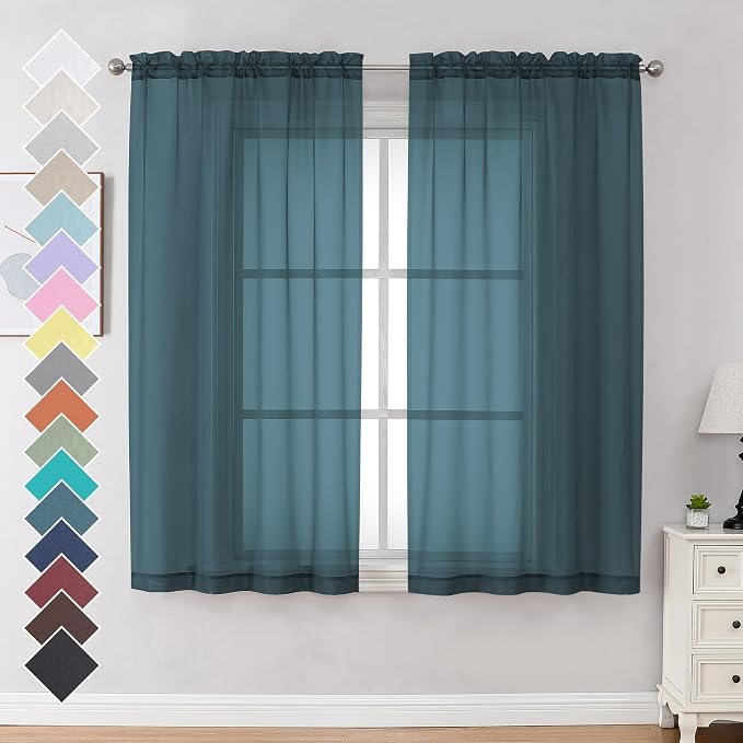 OVZME Dusty Blue Sheer Curtains 63 inch Length 2 Panels Set by OVZME