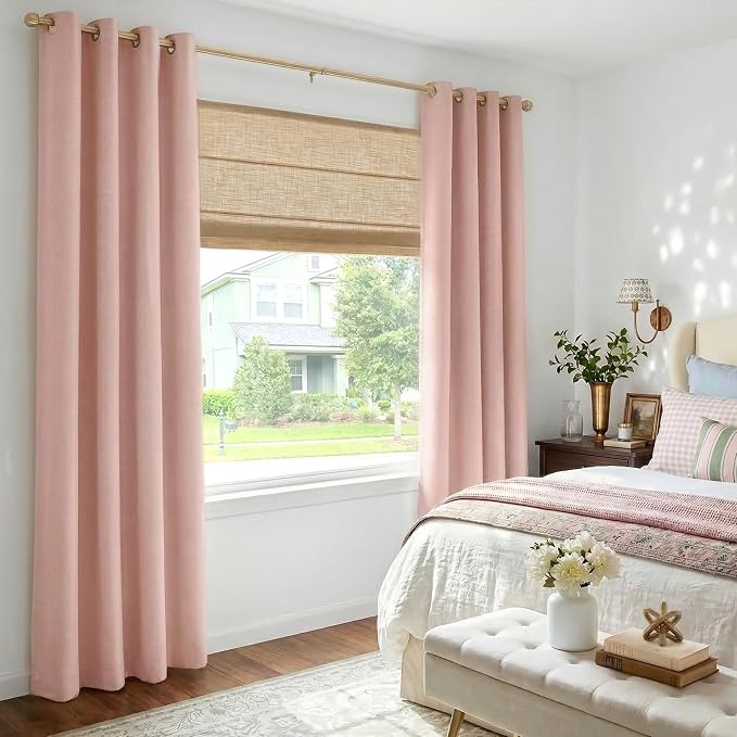 100% Blackout Linen Textured Curtains 72 Inch Long, Blush Pink | 100% Blackout - Image 2