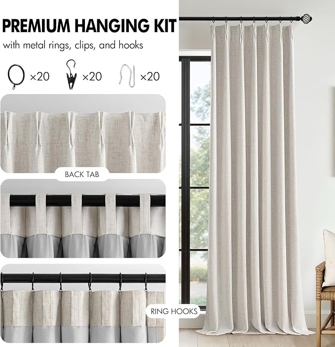 MIULEE Birch Pinch Pleated 100% Blackout Linen Curtains 40x90 Inches | Room - Image 8