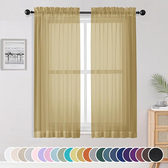 OWENIE Gold Sheer Curtains, 63 Inch Length 2 Panels Set, Soft Voile Drapes by OWENIE