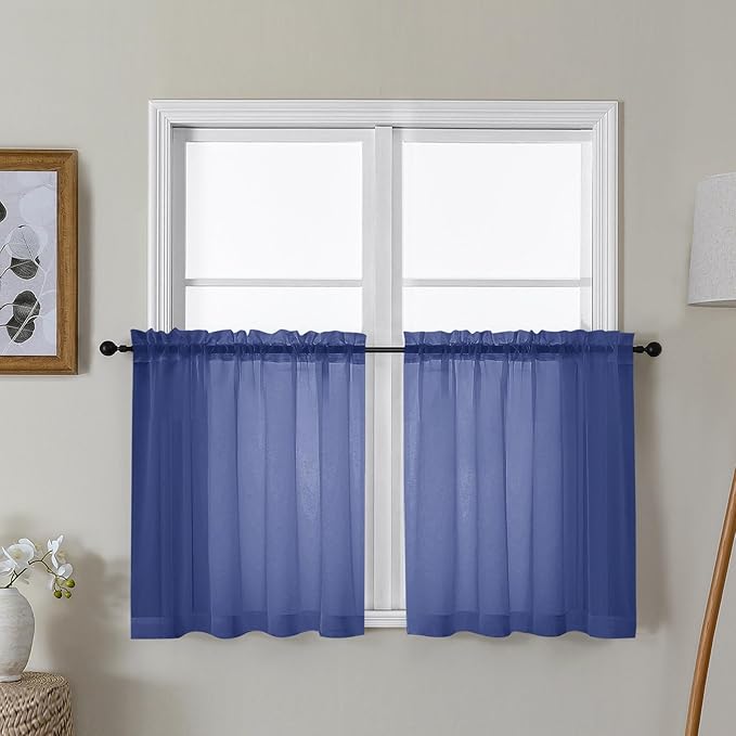 Gwine Royal Blue Sheer Curtain Tiers 24 Inch Length, Light Filtering Voile by Gwine