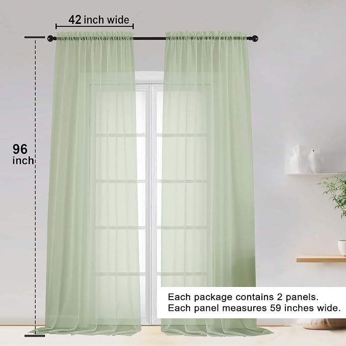 OWENIE Sheer Curtain 96 Inch Long 2 Panels Set, Light Filtering Clear Rod - Image 2
