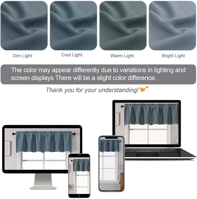 Chyhomenyc Stone Blue Valances for Window, Room Darkening Short Curtains for - Image 8