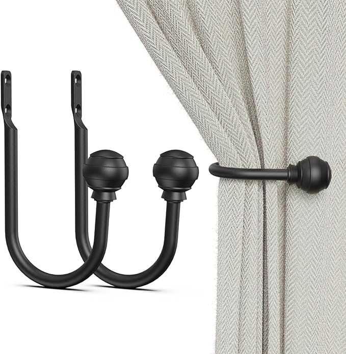Hion Curtain Holdbacks Black 2pcs, Curtain Tiebacks Wall Mounted Curtain Hooks by Hion