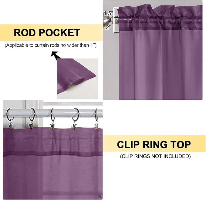 OVZME Plum Sheer Curtains 63 Inches Long 2 Panels - Image 2
