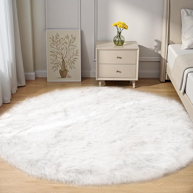 Goolela White Round Area Rug 6ft Fluffy Fuzzy Circle Sheepskin Rug by Goolela