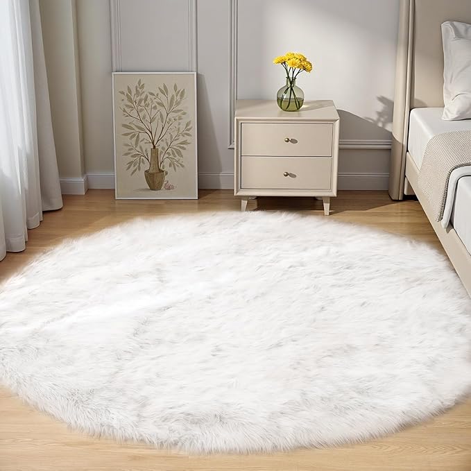Goolela White Round Area Rug 5ft Fluffy Circle Faux Fur Sheepskin Carpet by Goolela