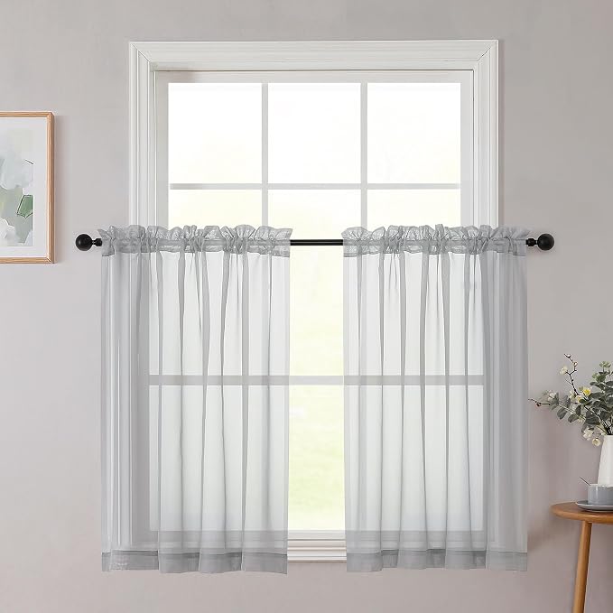 Cafe Curtains 36 Inch Length Tier 2 Pieces, Modern Soft Airy Sheer Kitchen by WelvetBLK
