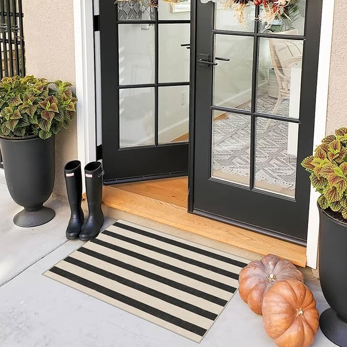 Black and White Striped Outdoor Rug - Image 4